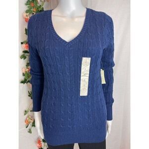 St Johns Bay BlueCotton Blend V Neck‎ Cable Knit Sweater Size Small